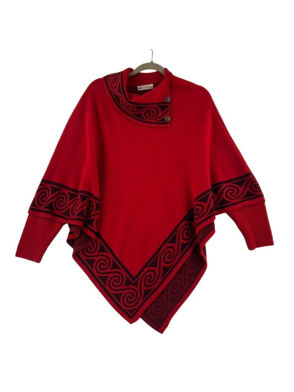 Ecuador Alpacas Poncho Sweater Women's One Size Red Swirl Design Buttoned Neck